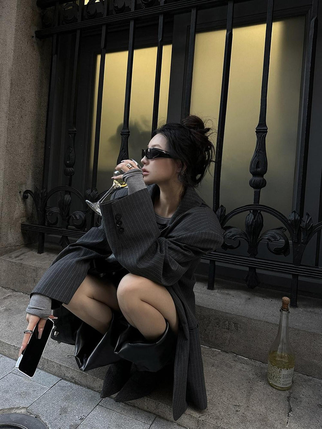 Fanptntox Solid Gray Single Button Loose Fit Long Sleeve Street Style Women's Blazers