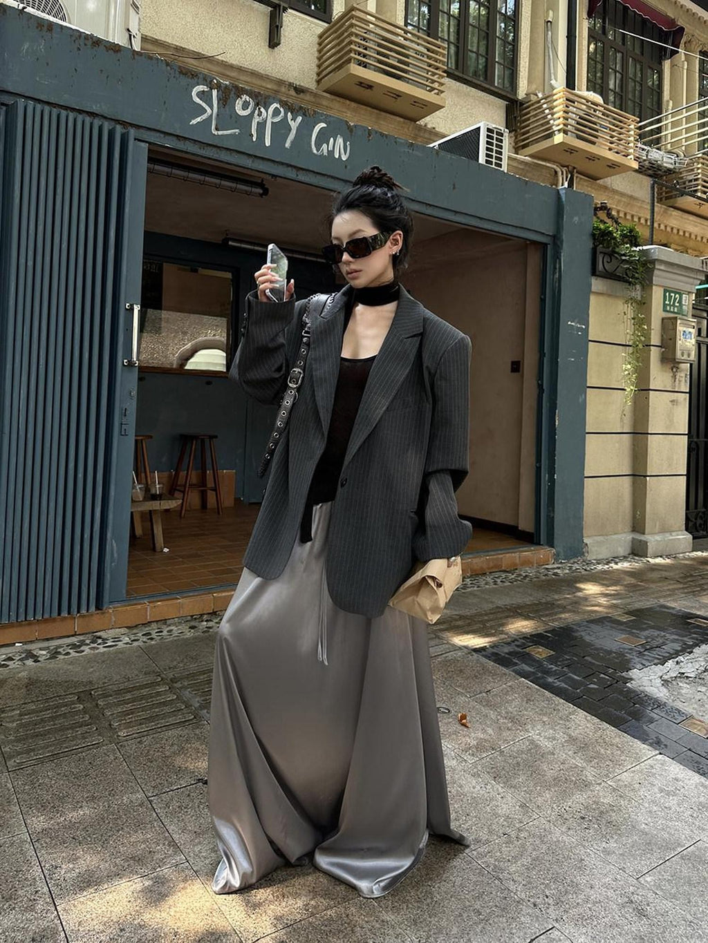 Fanptntox Solid Gray Single Button Loose Fit Long Sleeve Street Style Women's Blazers