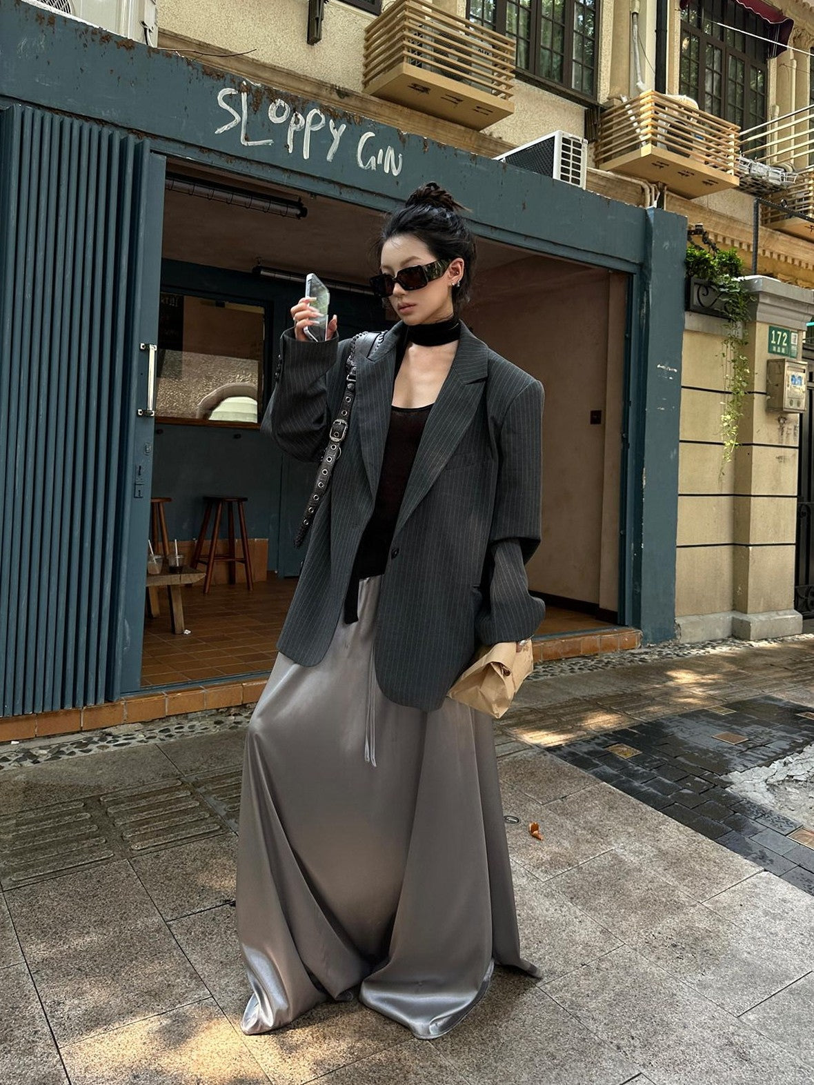 Fanptntox Solid Gray Single Button Loose Fit Long Sleeve Street Style Women's Blazers