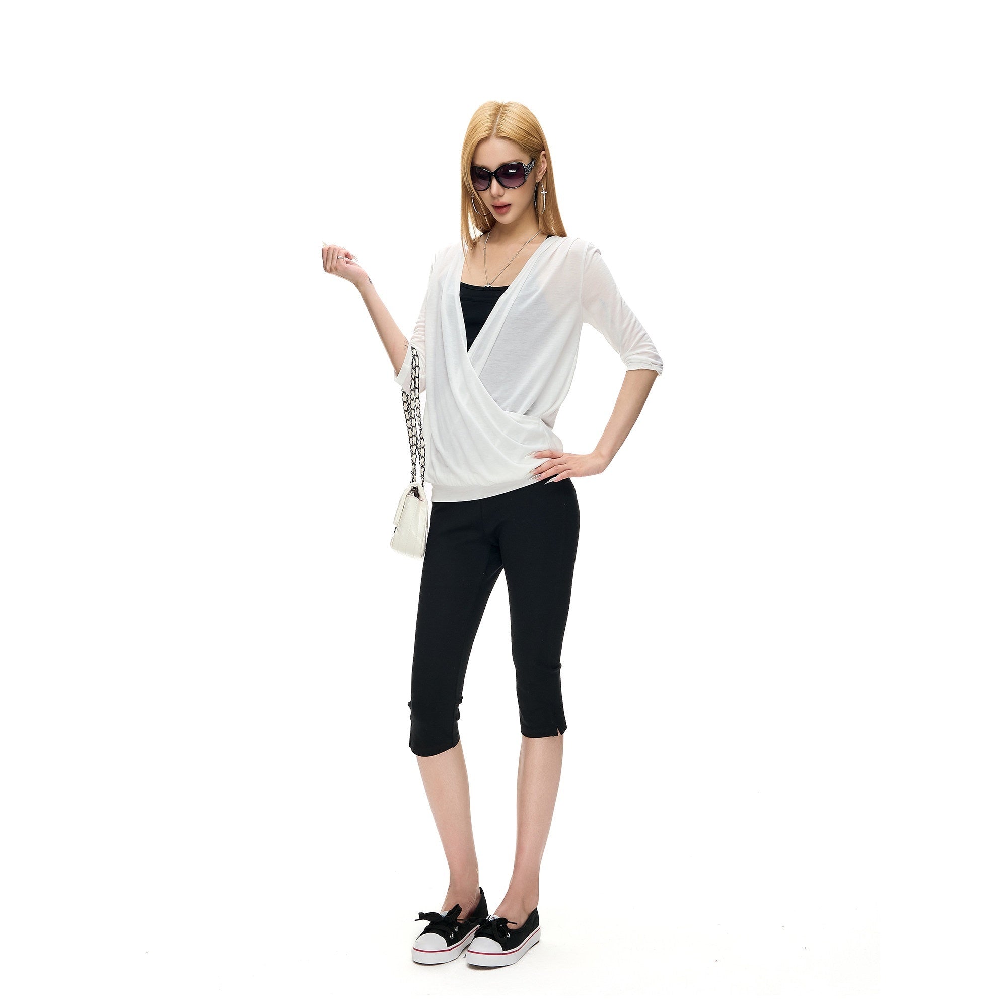 Fanptntox_Solid_Knitted_Crossover_V_3_4_Sleeve_Women's_Lyocell_Tunic_Blouses_1056278250890_MISSTT