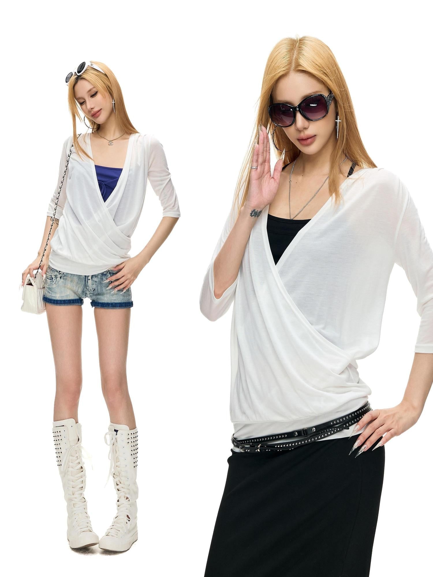 Fanptntox Solid Knitted Crossover V 3 4 Sleeve Women's Lyocell Tunic Blouses