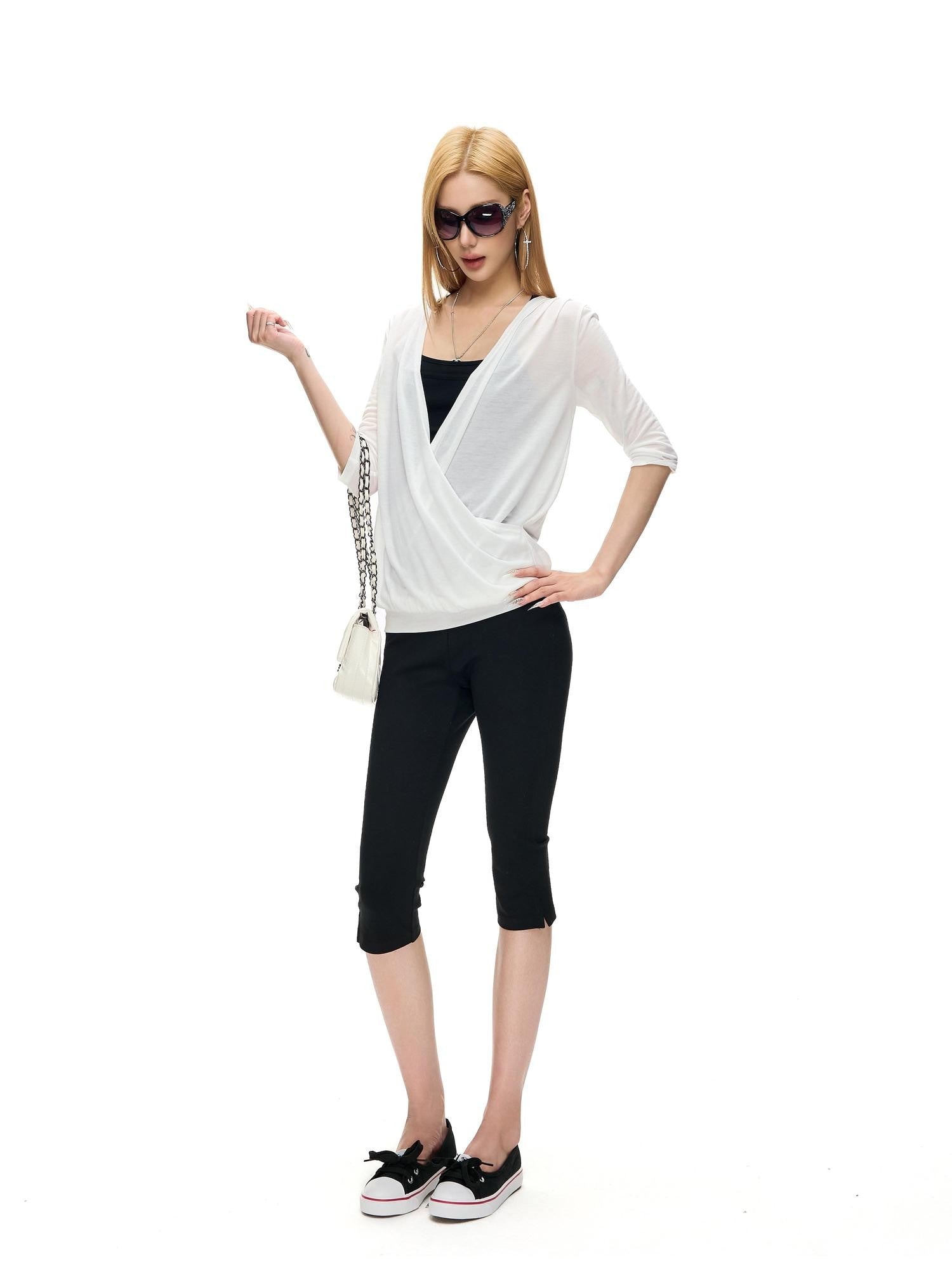 Fanptntox Solid Knitted Crossover V 3 4 Sleeve Women's Lyocell Tunic Blouses