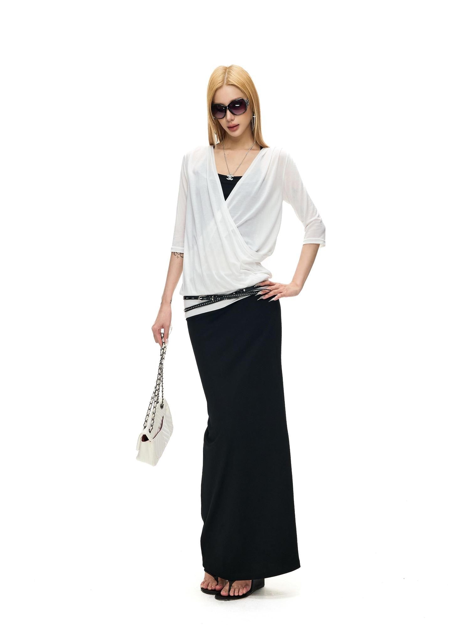 Fanptntox Solid Knitted Crossover V 3 4 Sleeve Women's Lyocell Tunic Blouses
