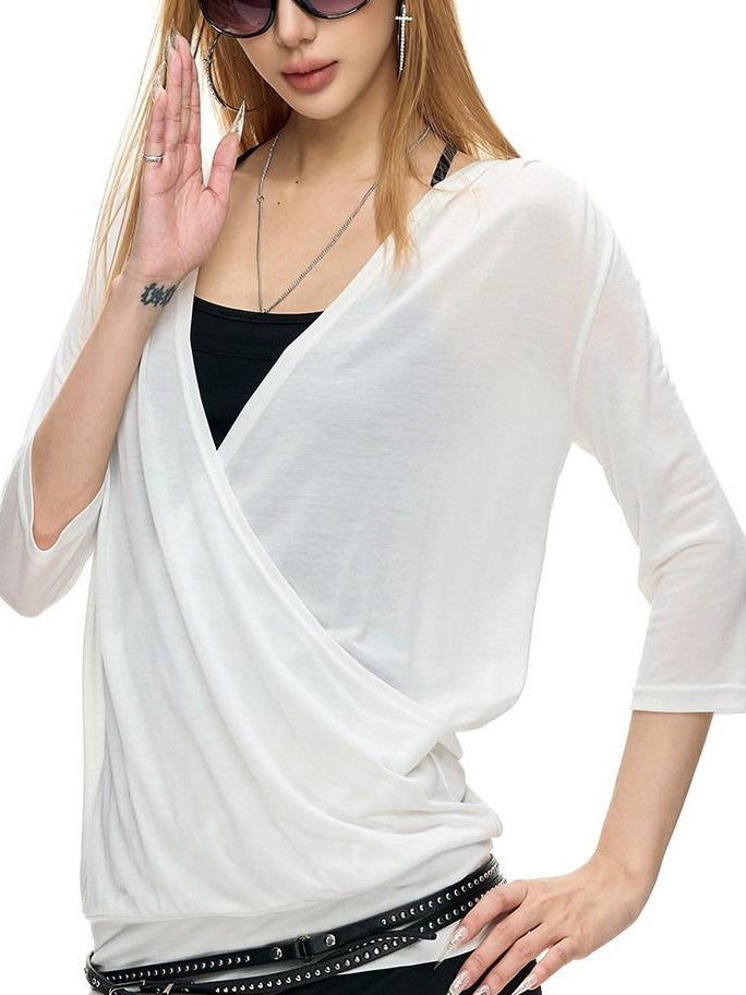 Fanptntox Solid Knitted Crossover V 3 4 Sleeve Women's Lyocell Tunic Blouses