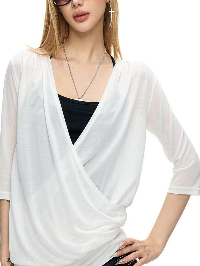 Fanptntox Solid Knitted Crossover V 3 4 Sleeve Women's Lyocell Tunic Blouses