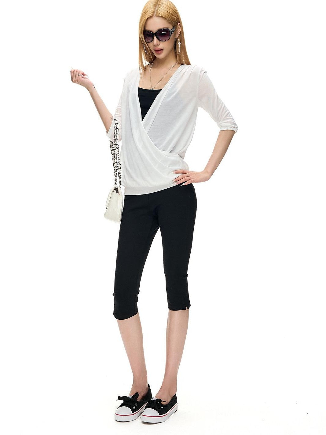Fanptntox Solid Knitted Crossover V 3 4 Sleeve Women's Lyocell Tunic Blouses