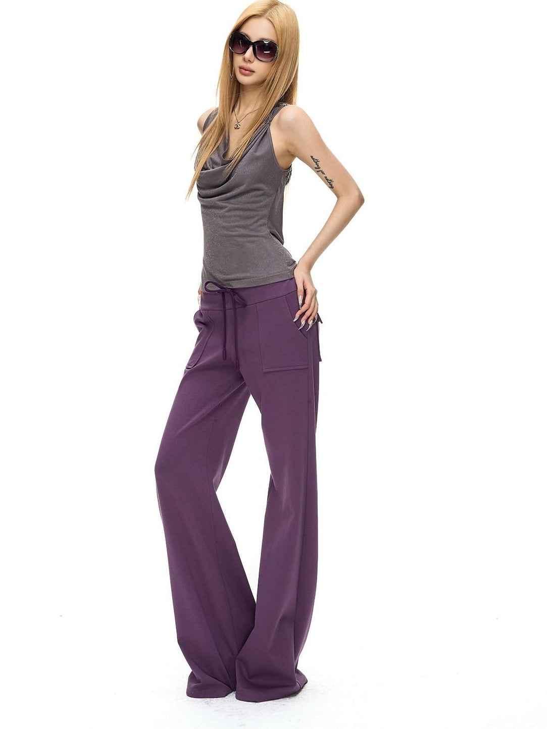 Fanptntox Solid Low Waist Drawstring Large Pocket Knit Women's Cotton Blend Sweatpants