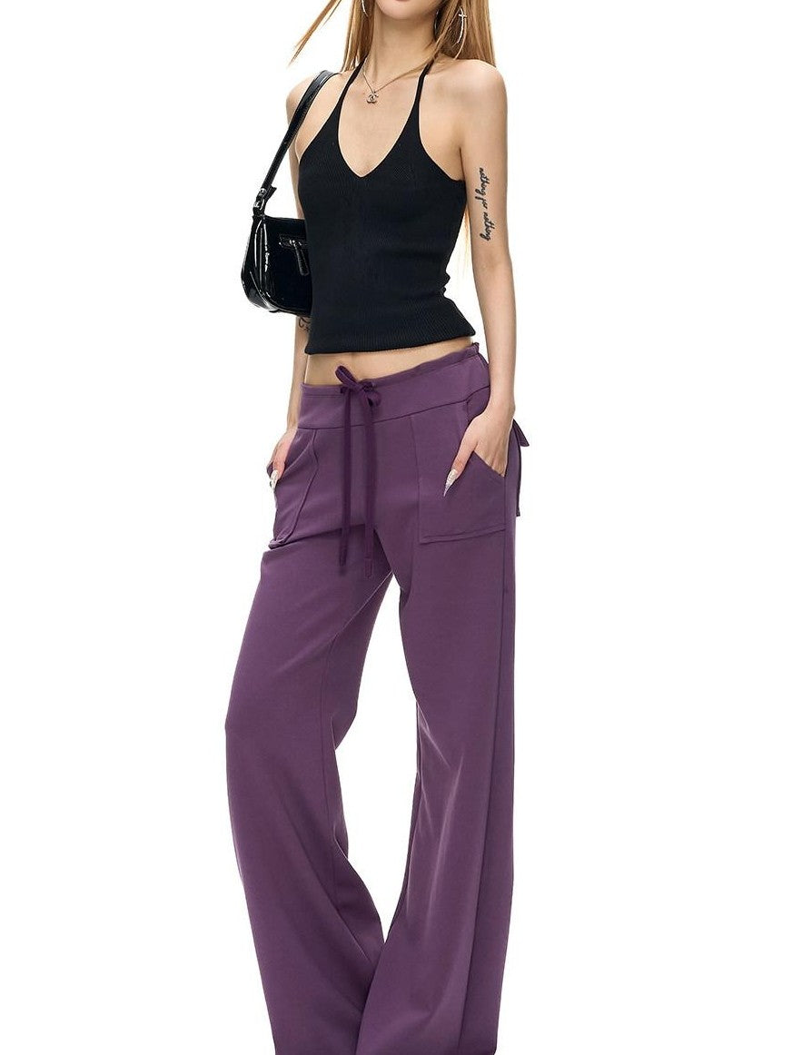 Fanptntox Solid Low Waist Drawstring Large Pocket Knit Women's Cotton Blend Sweatpants