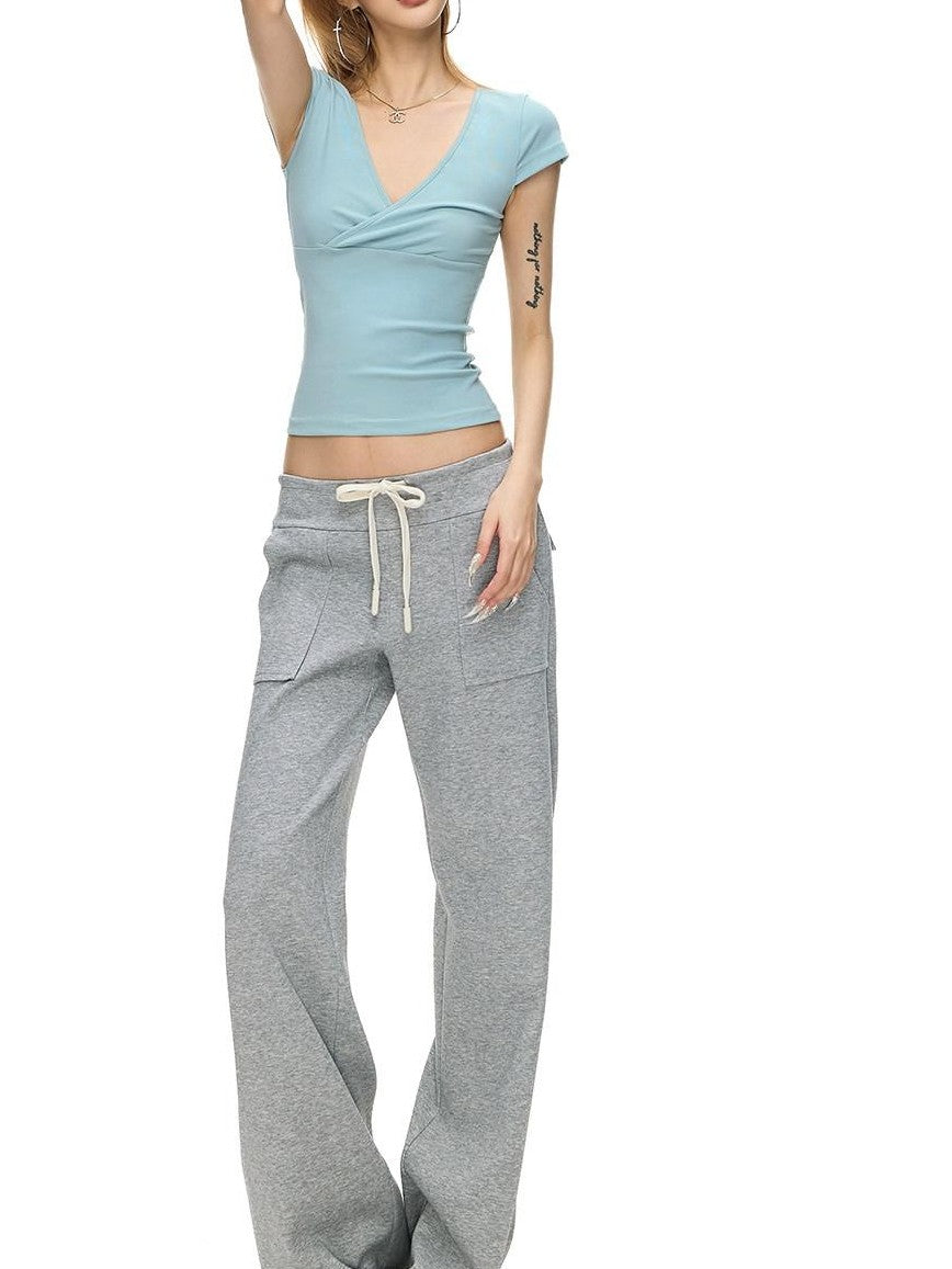 Fanptntox Solid Low Waist Drawstring Large Pocket Knit Women's Cotton Blend Sweatpants
