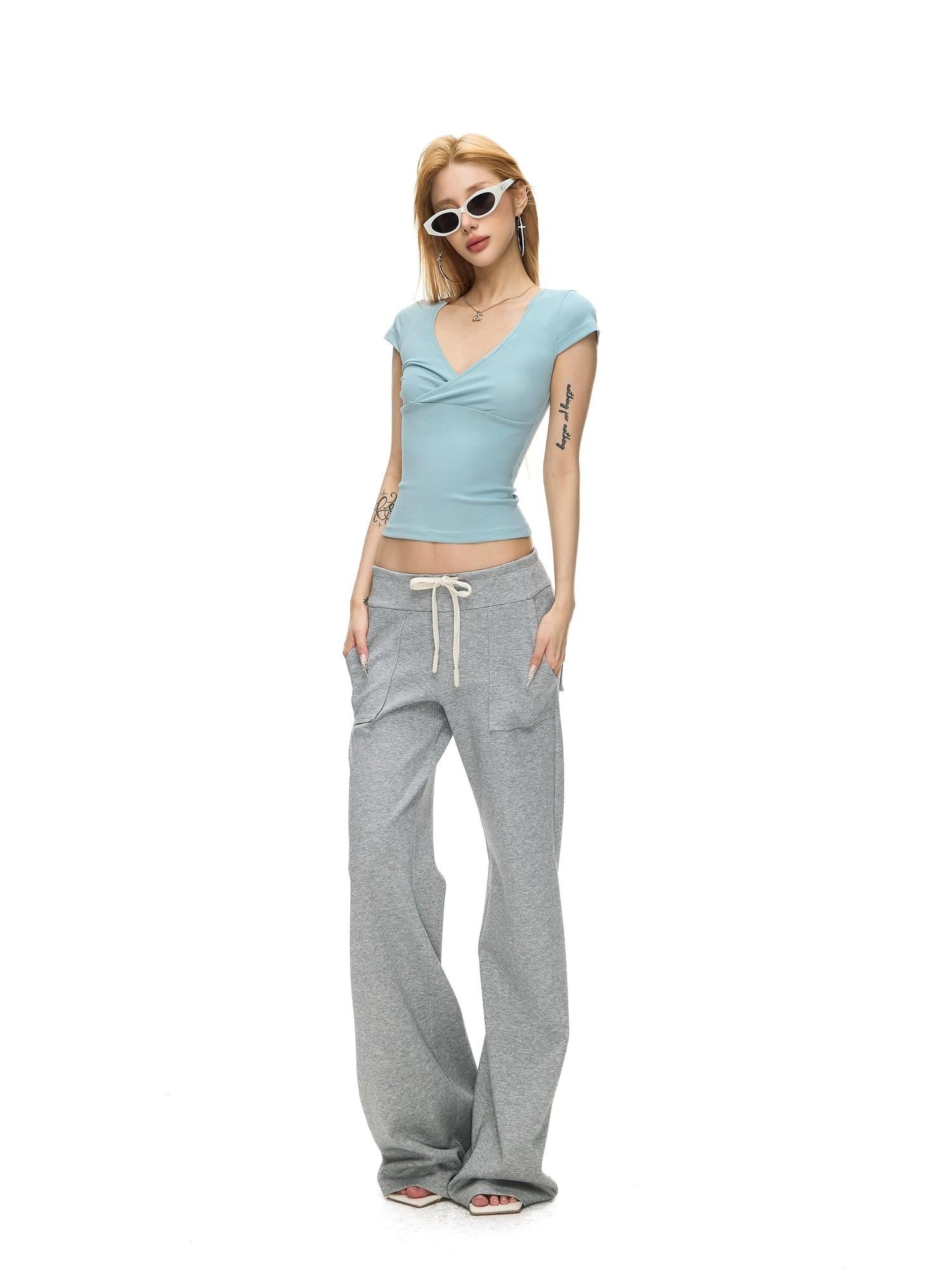Fanptntox Solid Low Waist Drawstring Large Pocket Knit Women's Cotton Blend Sweatpants