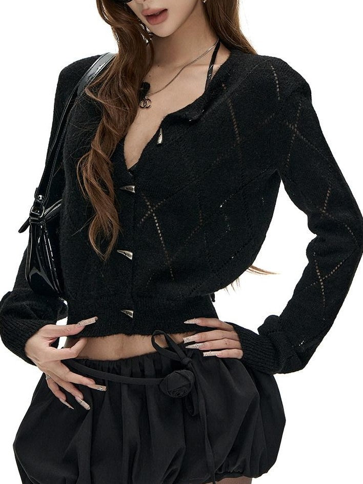 Fanptntox Solid Openwork Diamond Buttoned Cinched Women's Wool Blend Cardigans