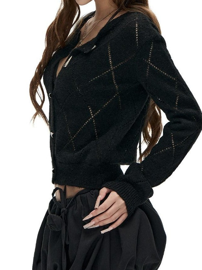 Fanptntox Solid Openwork Diamond Buttoned Cinched Women's Wool Blend Cardigans