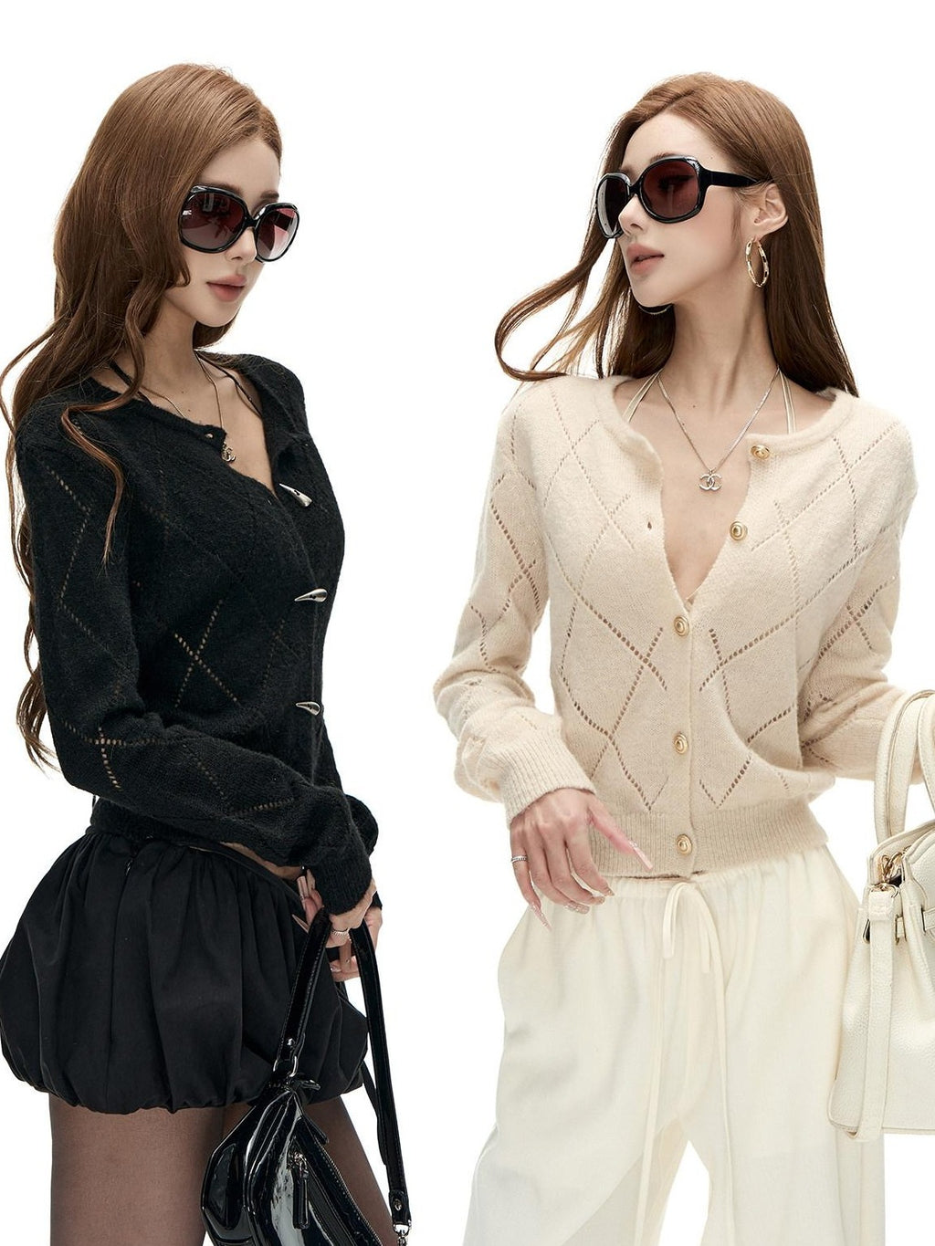 Fanptntox Solid Openwork Diamond Buttoned Cinched Women's Wool Blend Cardigans