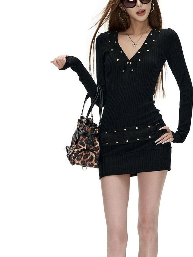 Fanptntox Solid Rivet V-neck Belted Knit Slim Women's Polyester Long Sleeve T-shirts