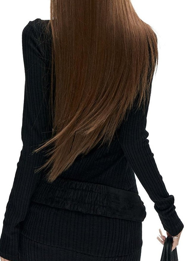 Fanptntox Solid Rivet V-neck Belted Knit Slim Women's Polyester Long Sleeve T-shirts