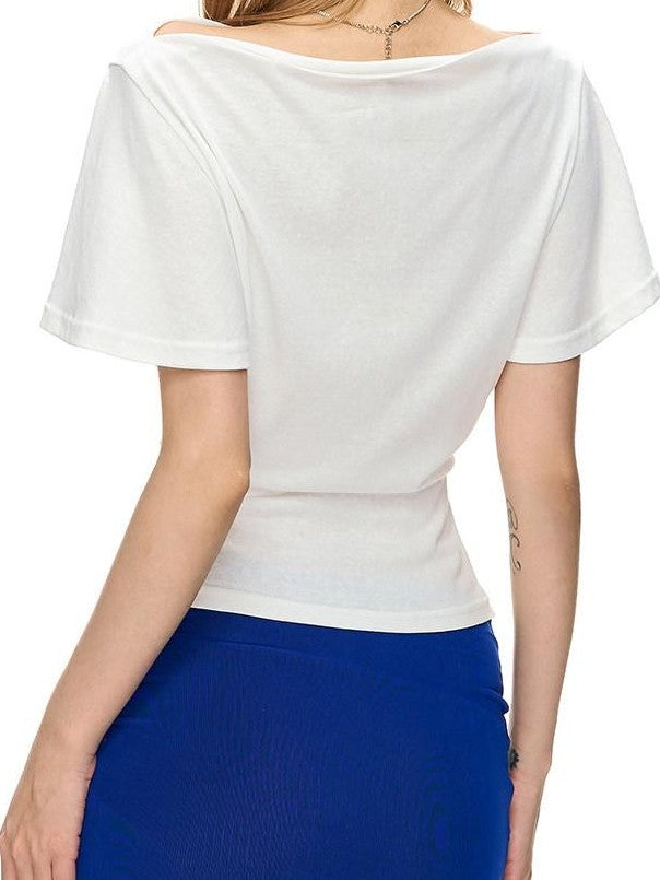 Fanptntox Solid Ruffle Sleeve Straight Neck Women's Lyocell Knit Basic T-shirts