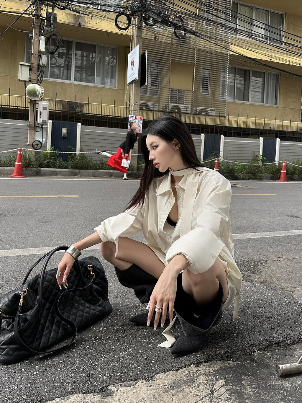 Fanptntox Solid Stand Collar Long Sleeve Boyfriend Women's Cotton Oversized Shirts