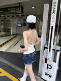 Fanptntox Solid White Cross Tie Backless Slim Fit Women's Other Fabric Camisoles