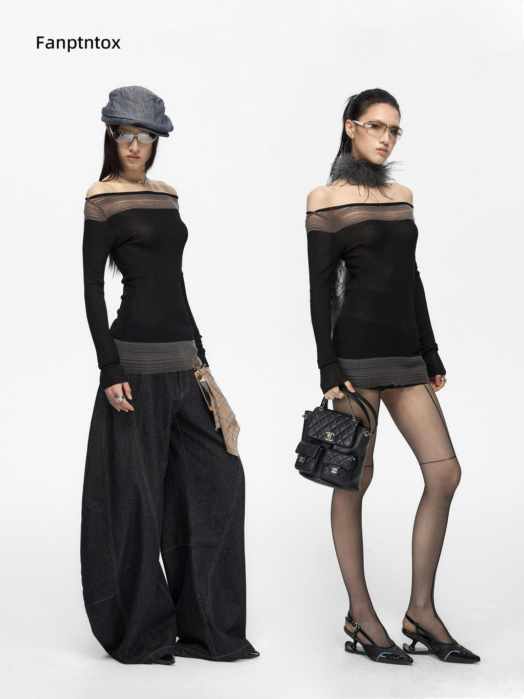 Fanptntox Spliced Color Block Slim Fit Knit Long Sleeve Women's Viscose Off-shoulder Sweaters