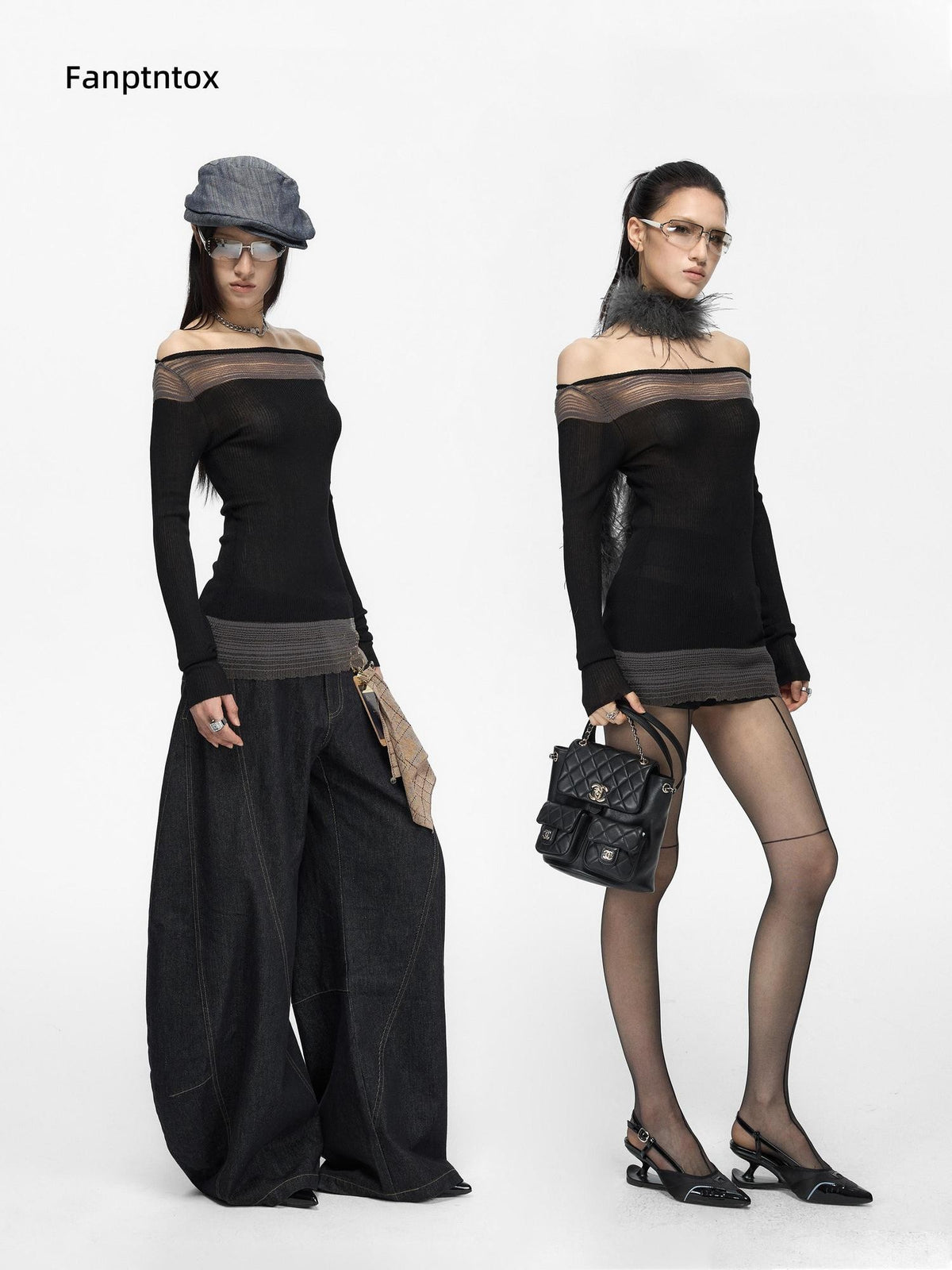 Fanptntox Spliced Color Block Slim Fit Knit Long Sleeve Women's Viscose Off-shoulder Sweaters