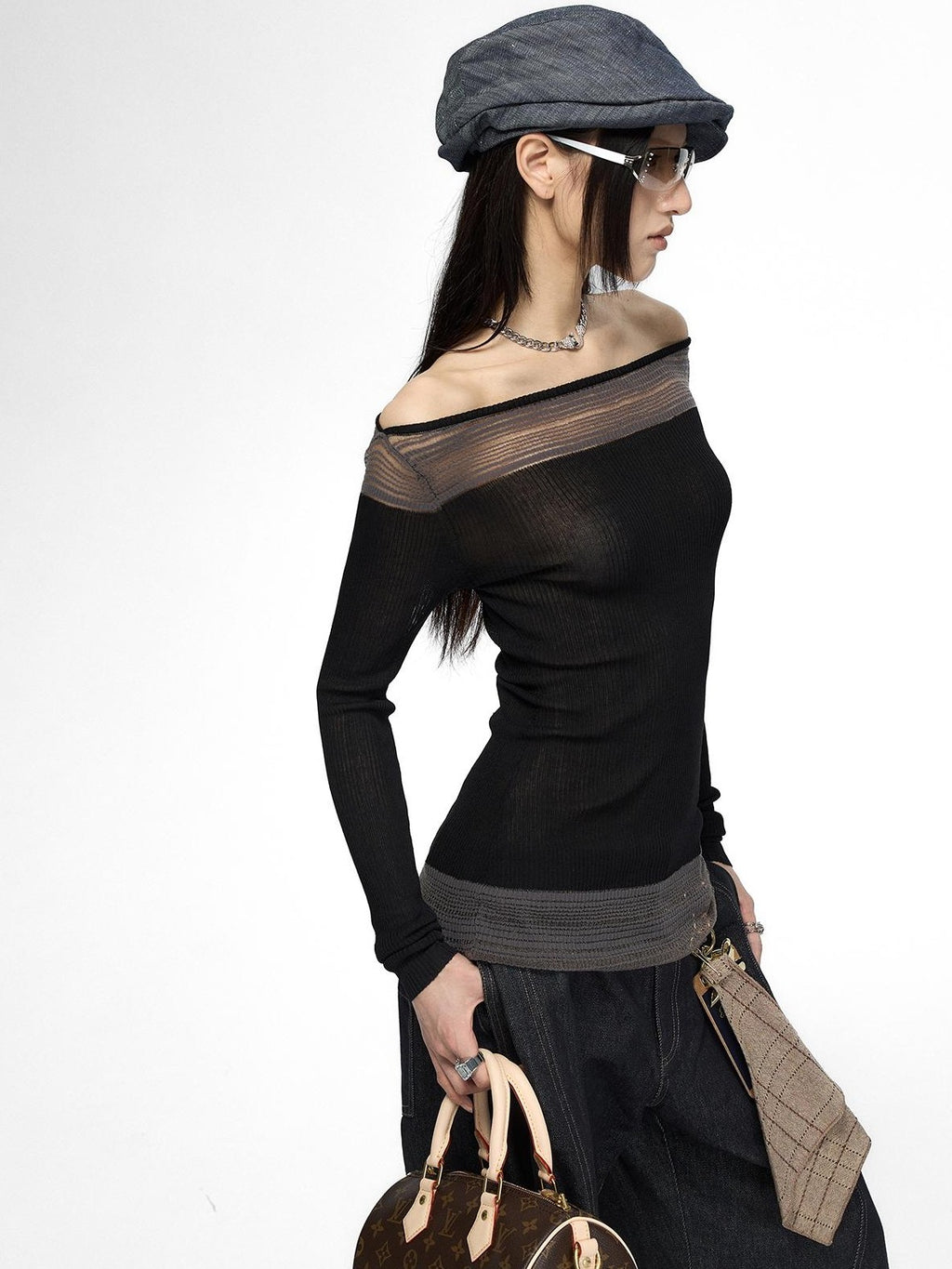 Fanptntox Spliced Color Block Slim Fit Knit Long Sleeve Women's Viscose Off-shoulder Sweaters