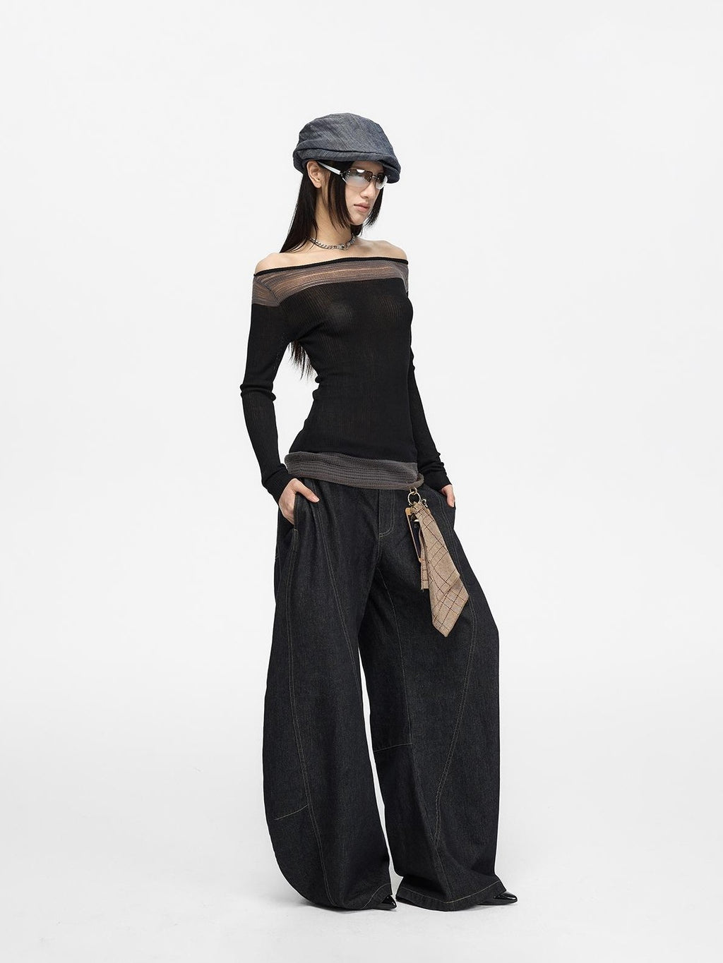 Fanptntox Spliced Color Block Slim Fit Knit Long Sleeve Women's Viscose Off-shoulder Sweaters