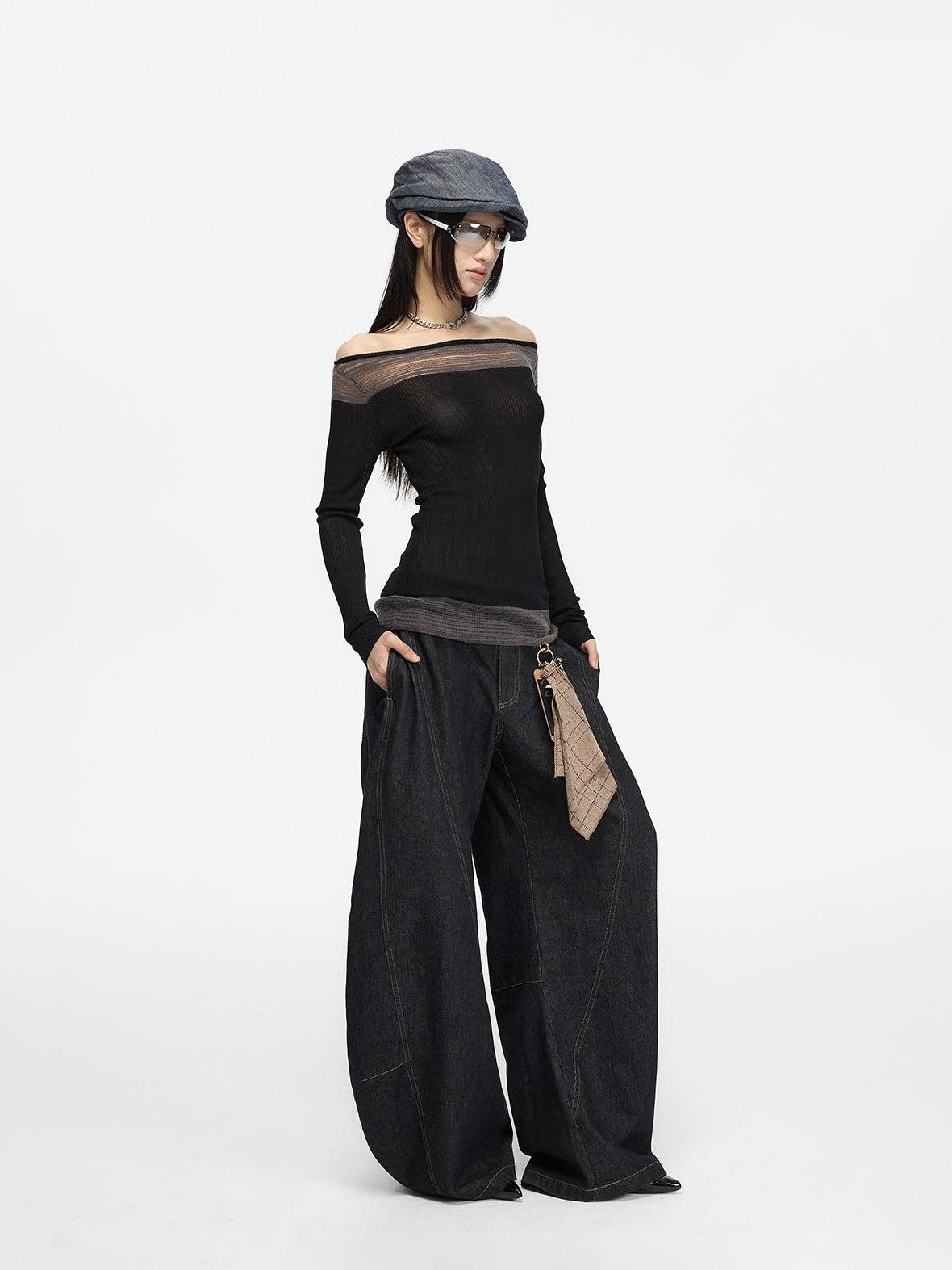 Fanptntox Spliced Color Block Slim Fit Knit Long Sleeve Women's Viscose Off-shoulder Sweaters