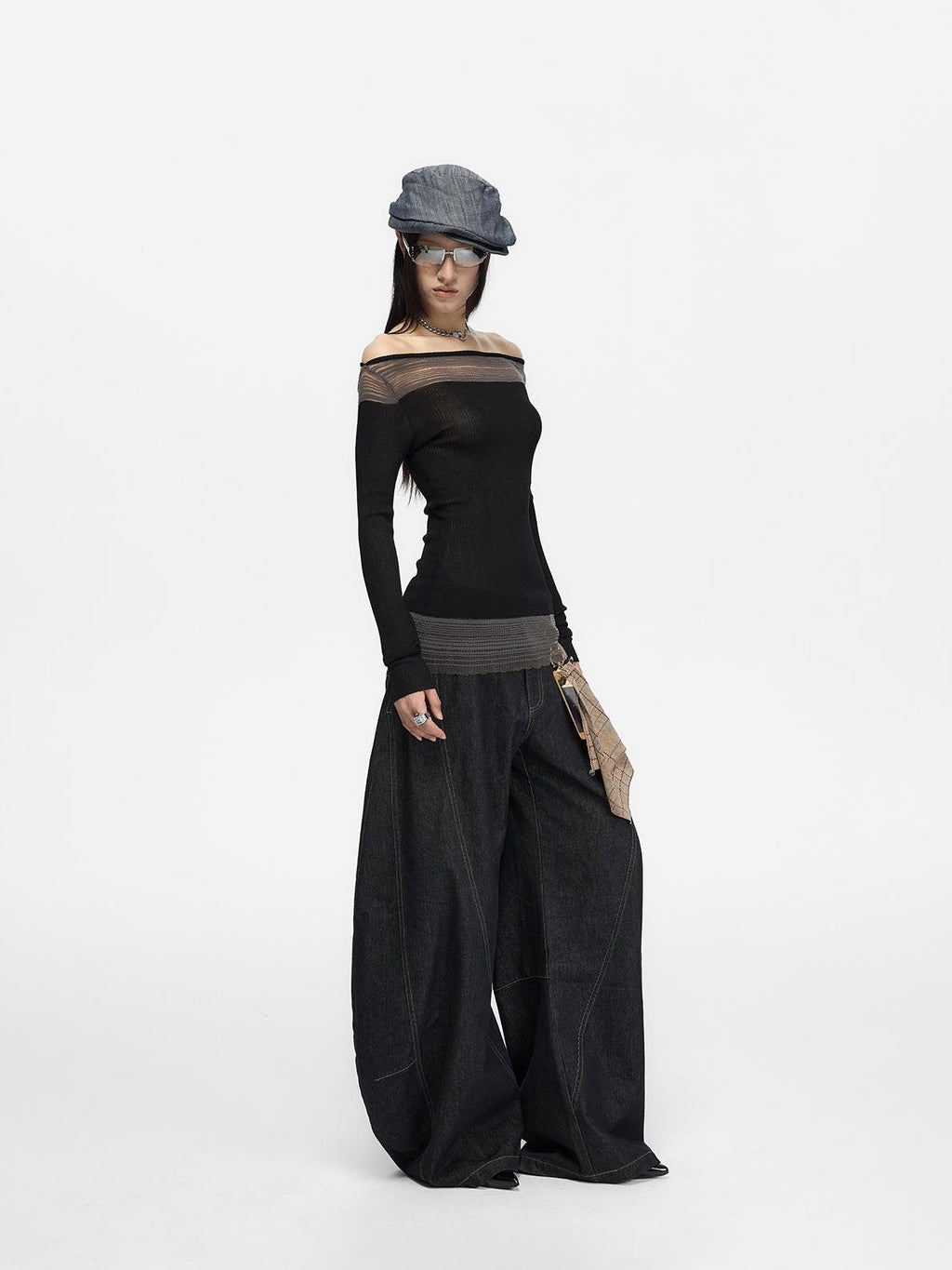 Fanptntox Spliced Color Block Slim Fit Knit Long Sleeve Women's Viscose Off-shoulder Sweaters