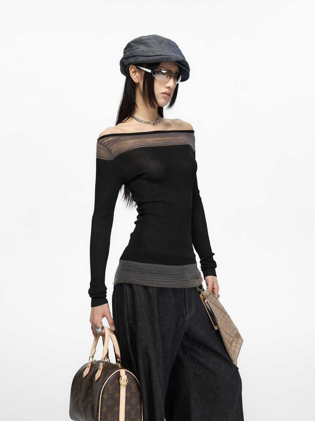 Fanptntox Spliced Color Block Slim Fit Knit Long Sleeve Women's Viscose Off-shoulder Sweaters