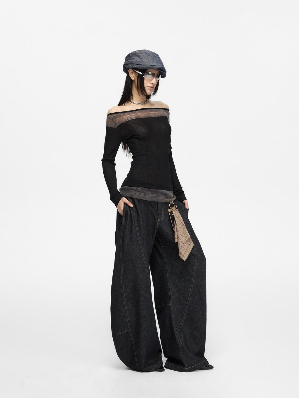 Fanptntox Spliced Color Block Slim Fit Knit Long Sleeve Women's Viscose Off-shoulder Sweaters
