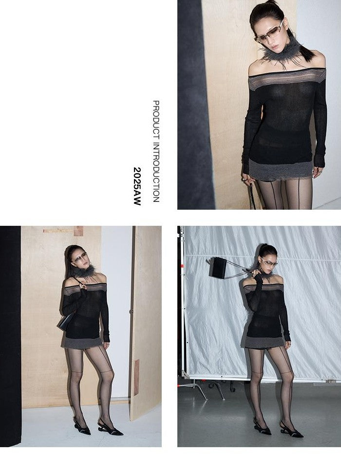 Fanptntox Spliced Color Block Slim Fit Knit Long Sleeve Women's Viscose Off-shoulder Sweaters