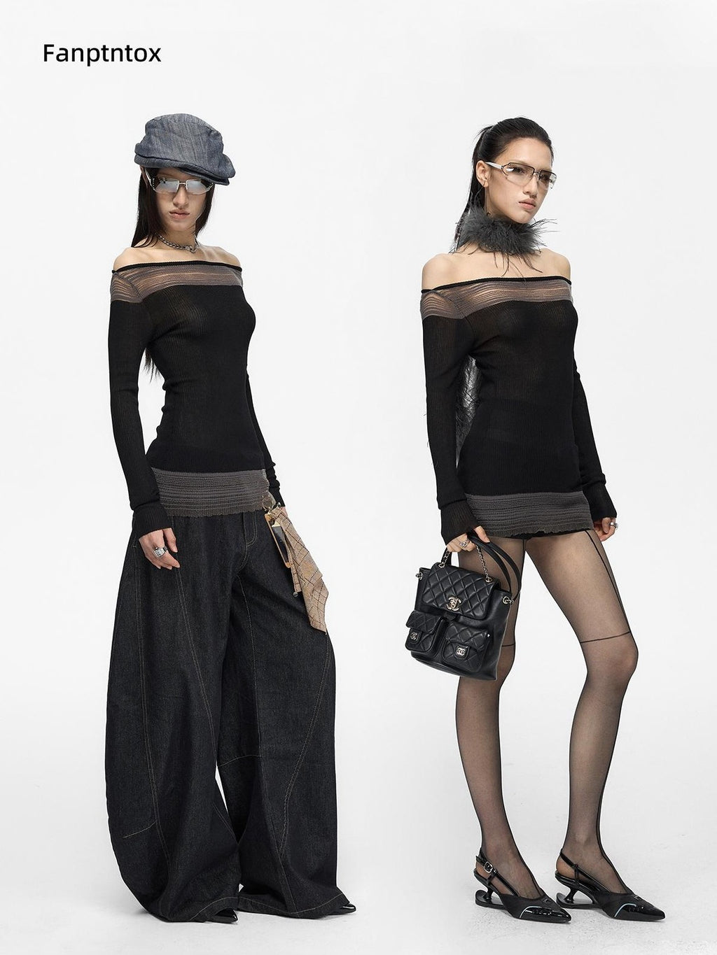 Fanptntox Spliced Color Block Slim Fit Knit Long Sleeve Women's Viscose Off-shoulder Sweaters