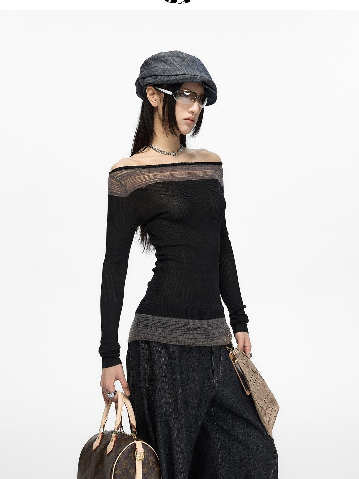 Fanptntox Spliced Color Block Slim Fit Knit Long Sleeve Women's Viscose Off-shoulder Sweaters