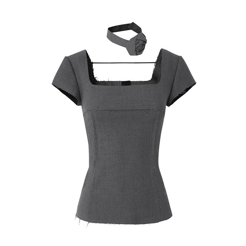 Fanptntox_Square_Neck_Frayed_Hem_Aline_Short_Sleeve_Women's_Polyester_Matching_Skirt_Sets_723674924511_MISSTT
