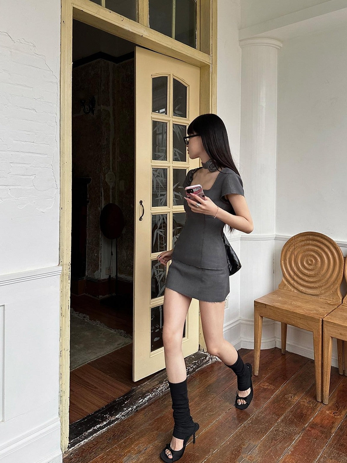 Fanptntox Square Neck Frayed Hem Aline Short Sleeve Women's Polyester Matching Skirt Sets