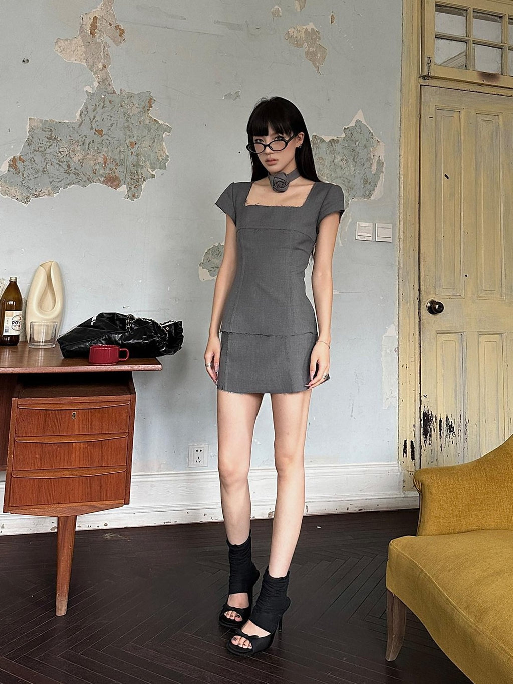Fanptntox Square Neck Frayed Hem Aline Short Sleeve Women's Polyester Matching Skirt Sets