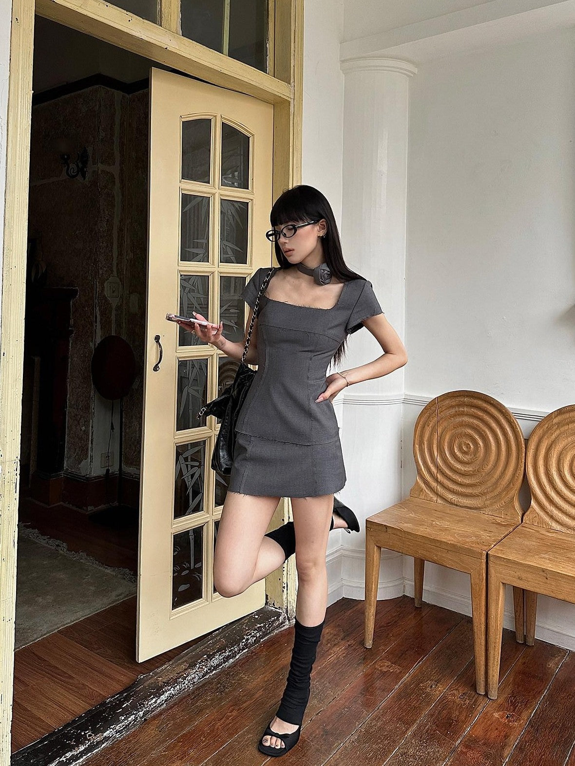 Fanptntox Square Neck Frayed Hem Aline Short Sleeve Women's Polyester Matching Skirt Sets