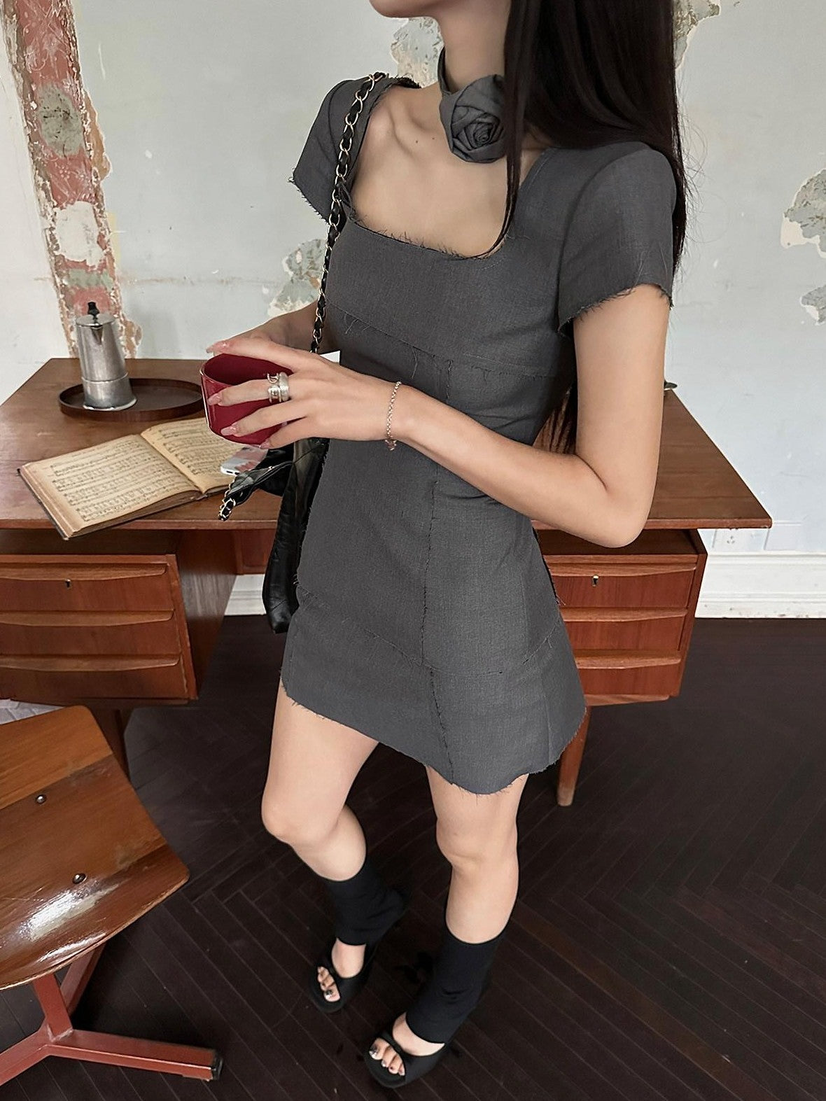 Fanptntox Square Neck Frayed Hem Aline Short Sleeve Women's Polyester Matching Skirt Sets