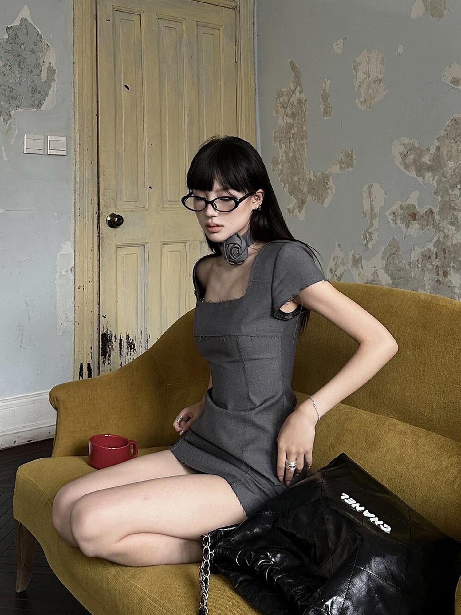 Fanptntox Square Neck Frayed Hem Aline Short Sleeve Women's Polyester Matching Skirt Sets