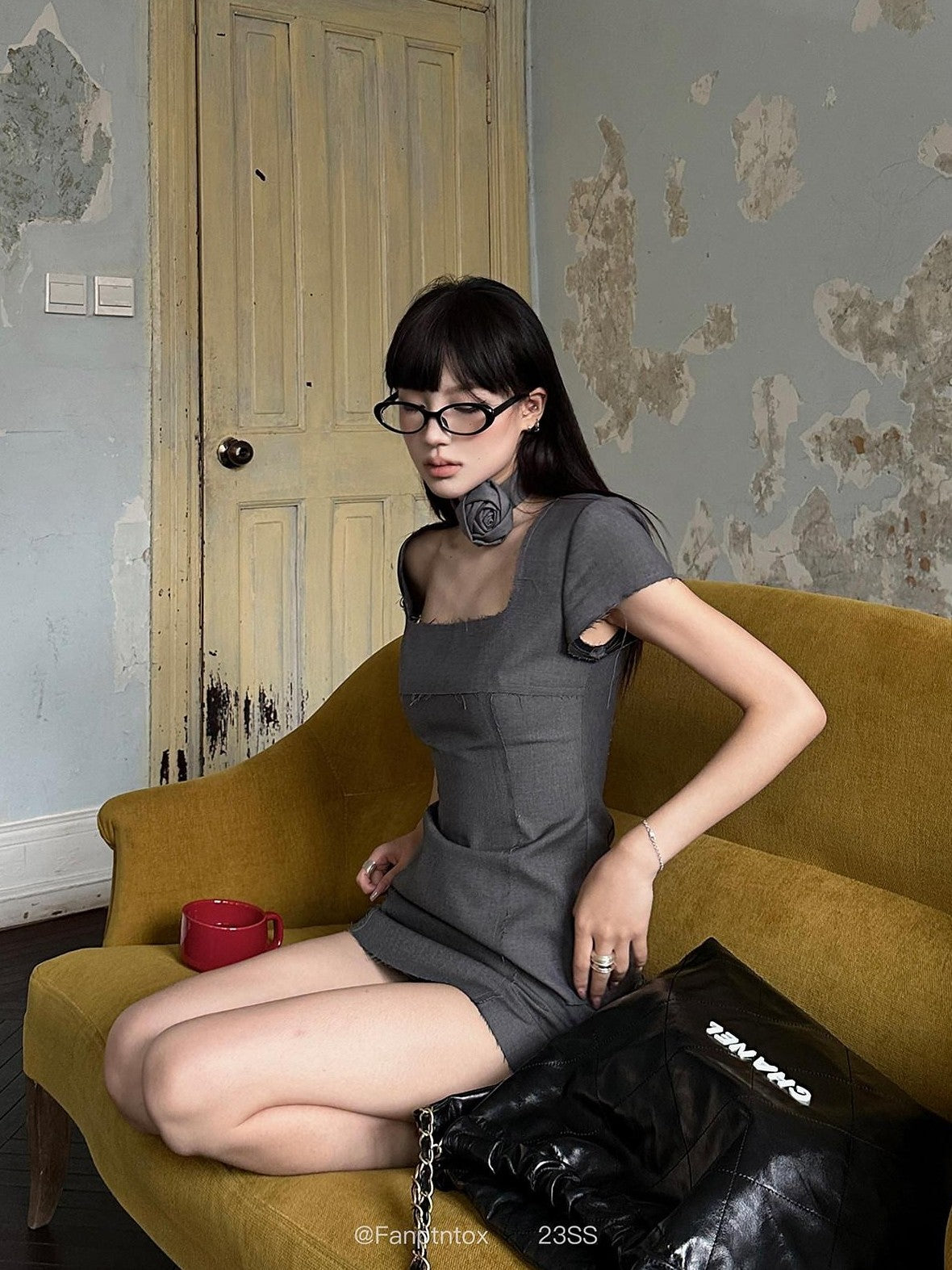 Fanptntox Square Neck Frayed Hem Aline Short Sleeve Women's Polyester Matching Skirt Sets