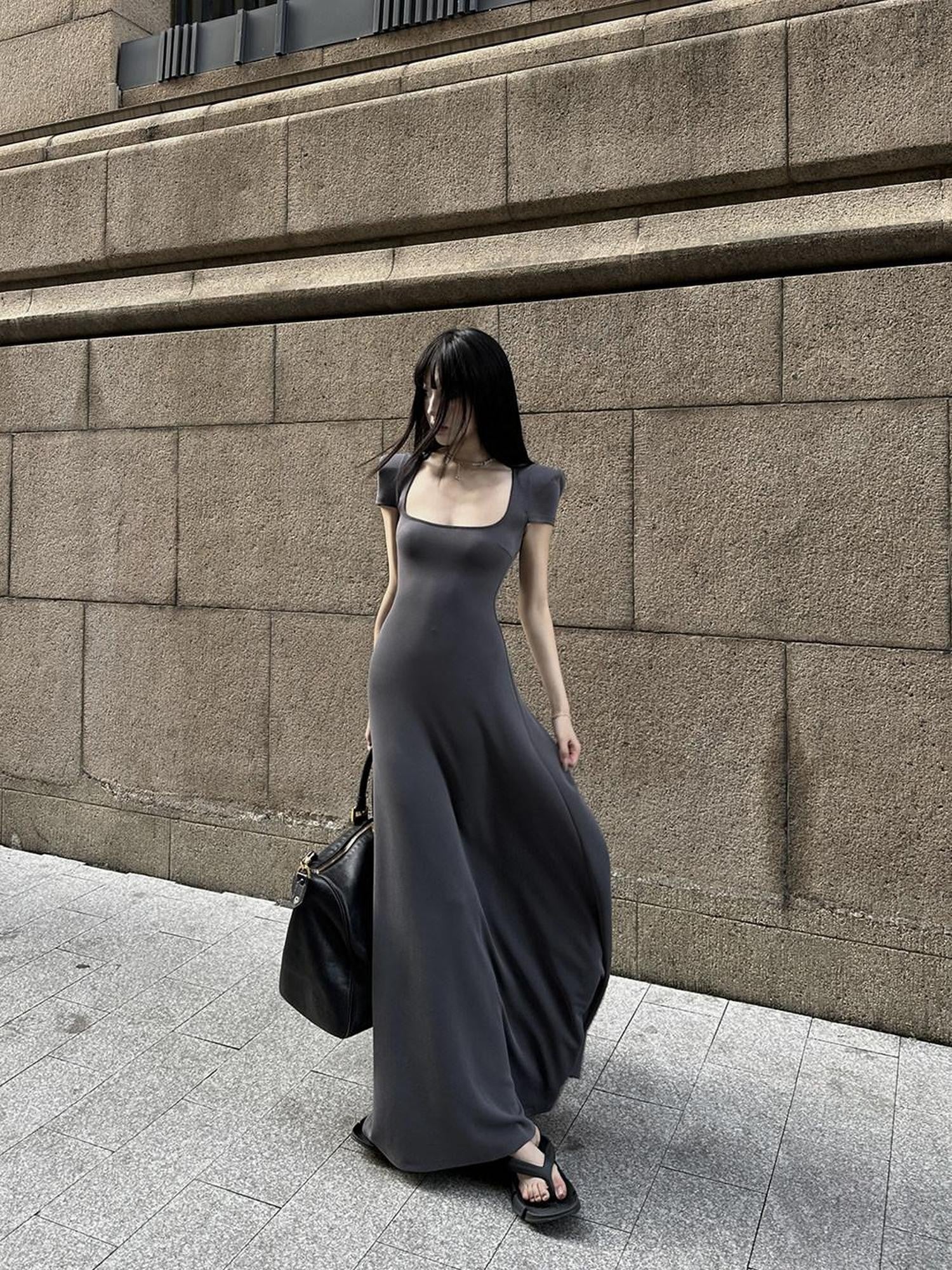 Fanptntox Square Neck Padded Shoulder Short Sleeve Aline Women's Other Casual Maxi Dresses