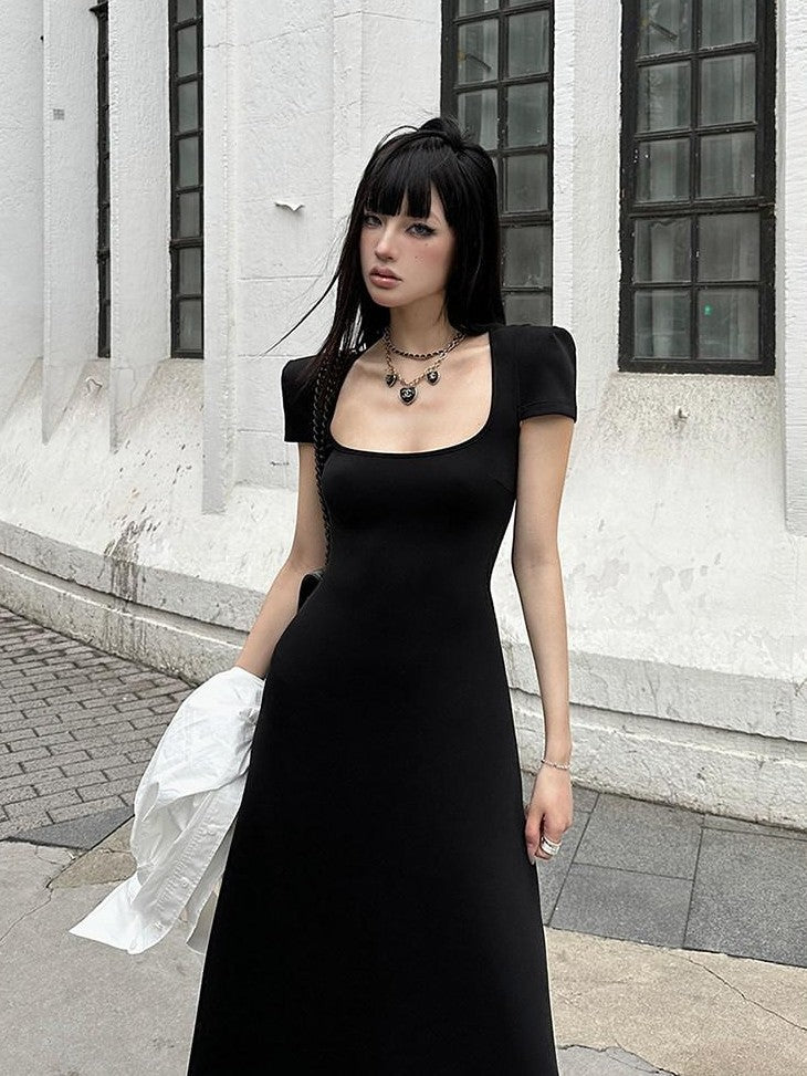 Fanptntox Square Neck Padded Shoulder Short Sleeve Aline Women's Other Casual Maxi Dresses