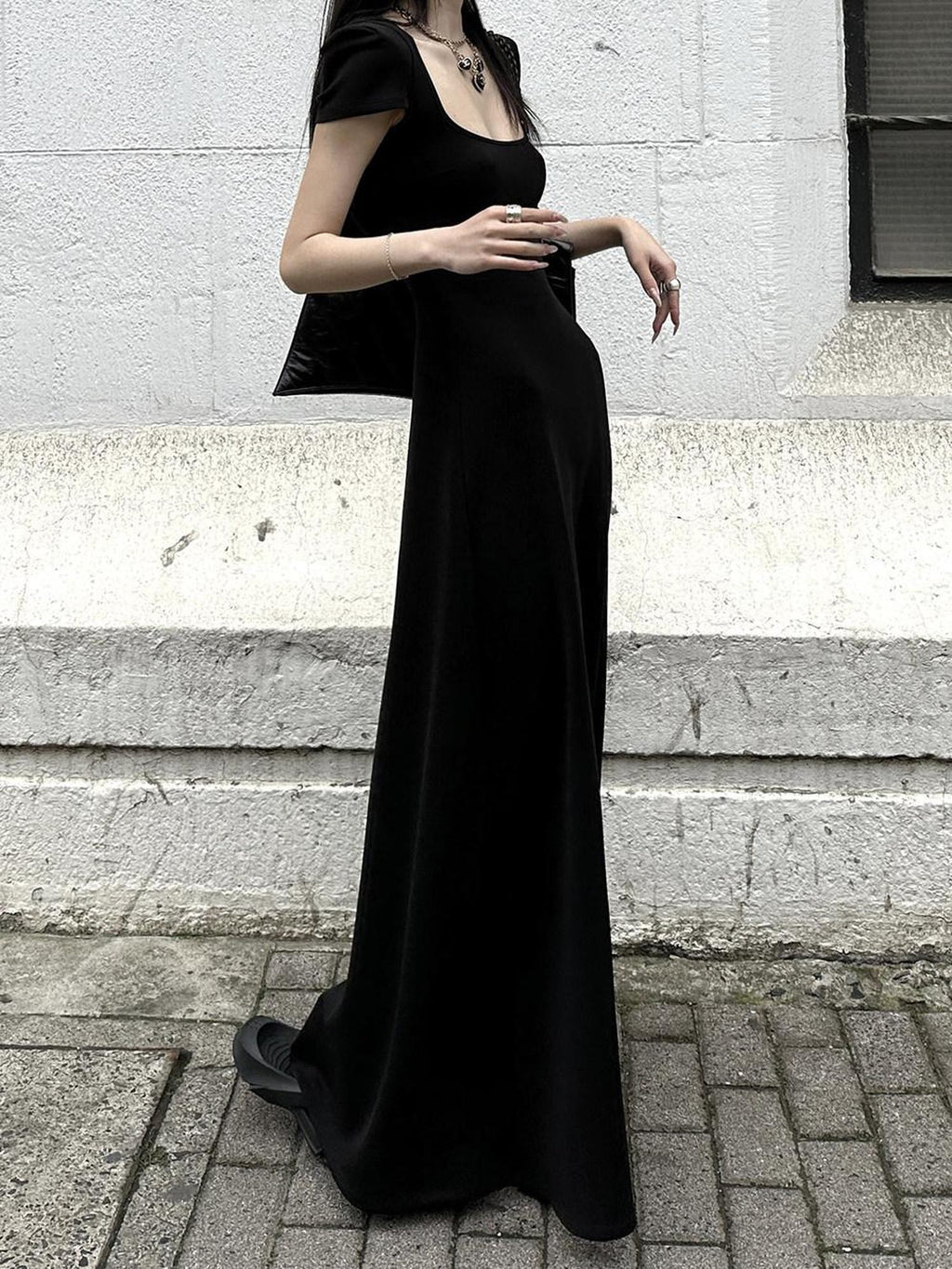 Fanptntox Square Neck Padded Shoulder Short Sleeve Aline Women's Other Casual Maxi Dresses