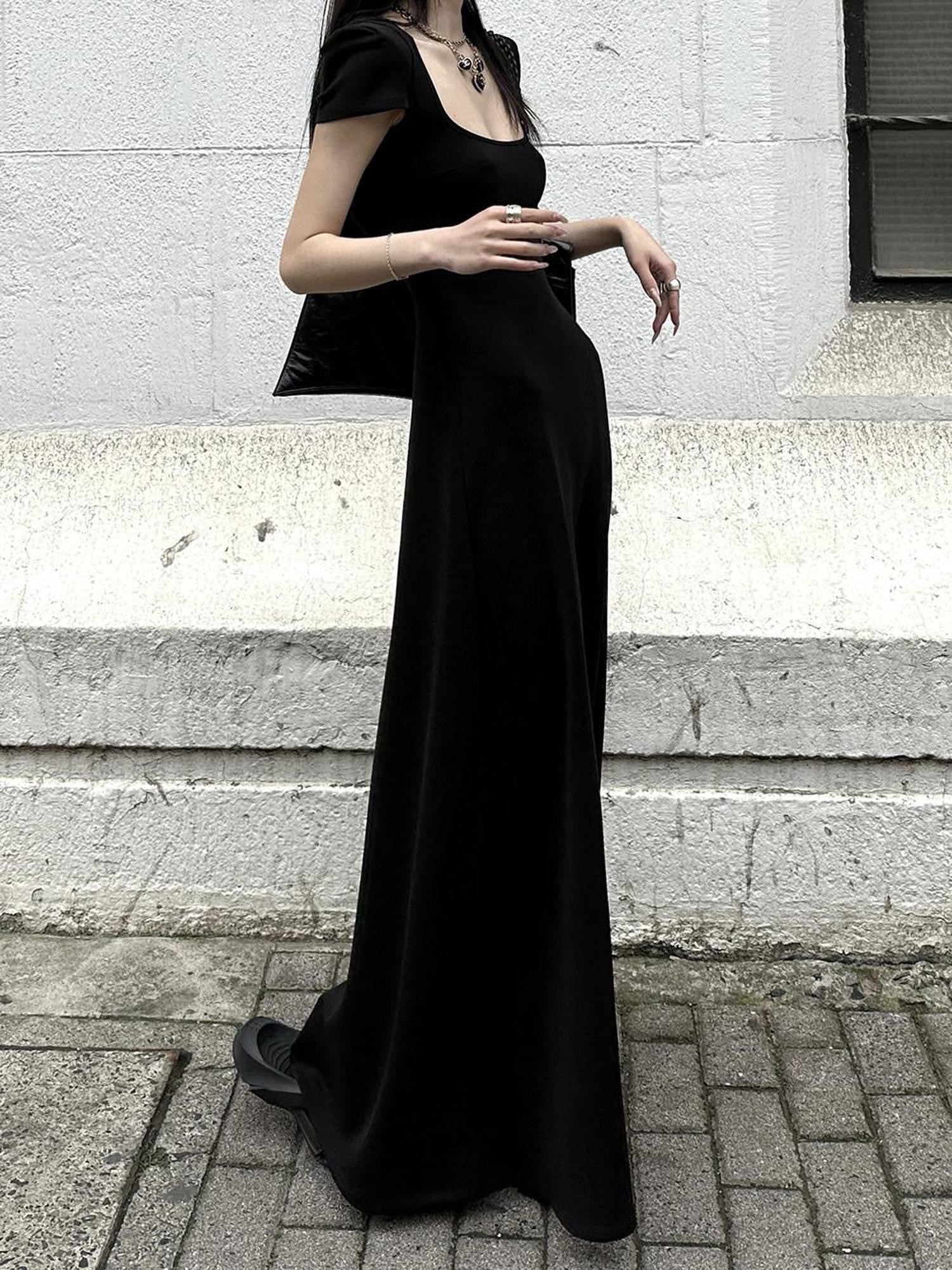 Fanptntox Square Neck Padded Shoulder Short Sleeve Aline Women's Other Casual Maxi Dresses