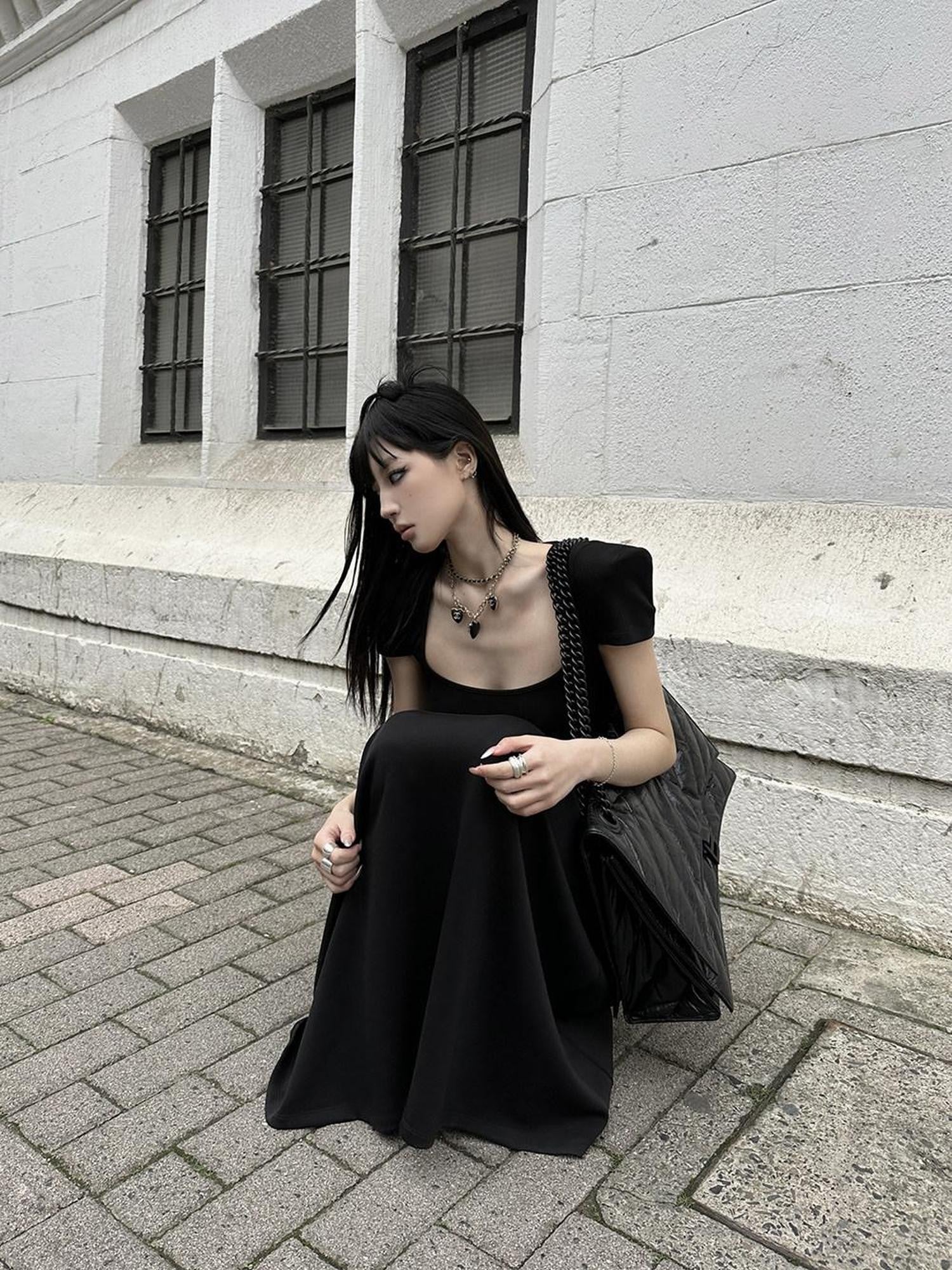 Fanptntox Square Neck Padded Shoulder Short Sleeve Aline Women's Other Casual Maxi Dresses