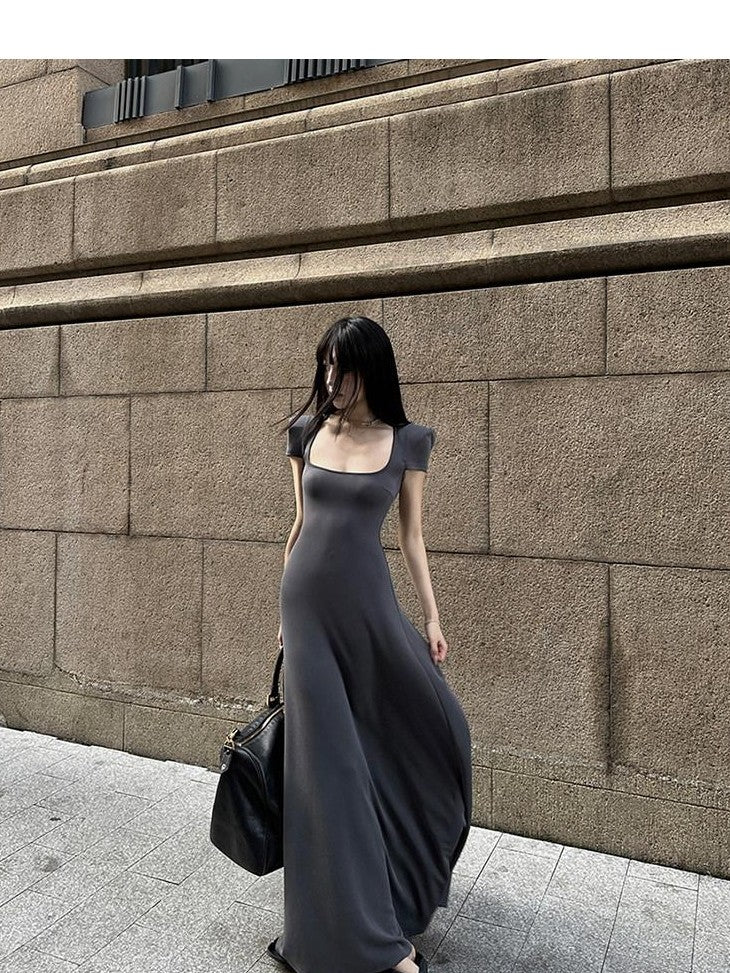 Fanptntox Square Neck Padded Shoulder Short Sleeve Aline Women's Other Casual Maxi Dresses