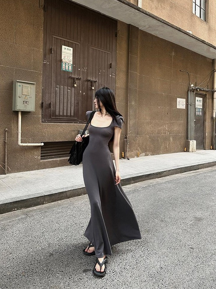 Fanptntox Square Neck Padded Shoulder Short Sleeve Aline Women's Other Casual Maxi Dresses