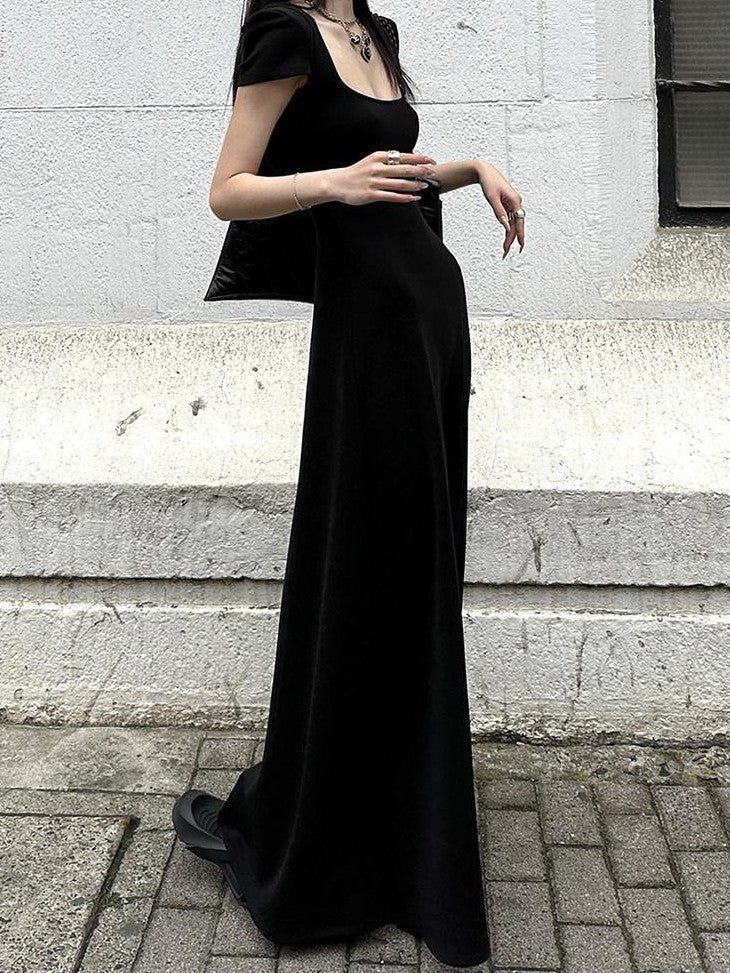 Fanptntox Square Neck Padded Shoulder Short Sleeve Aline Women's Other Casual Maxi Dresses