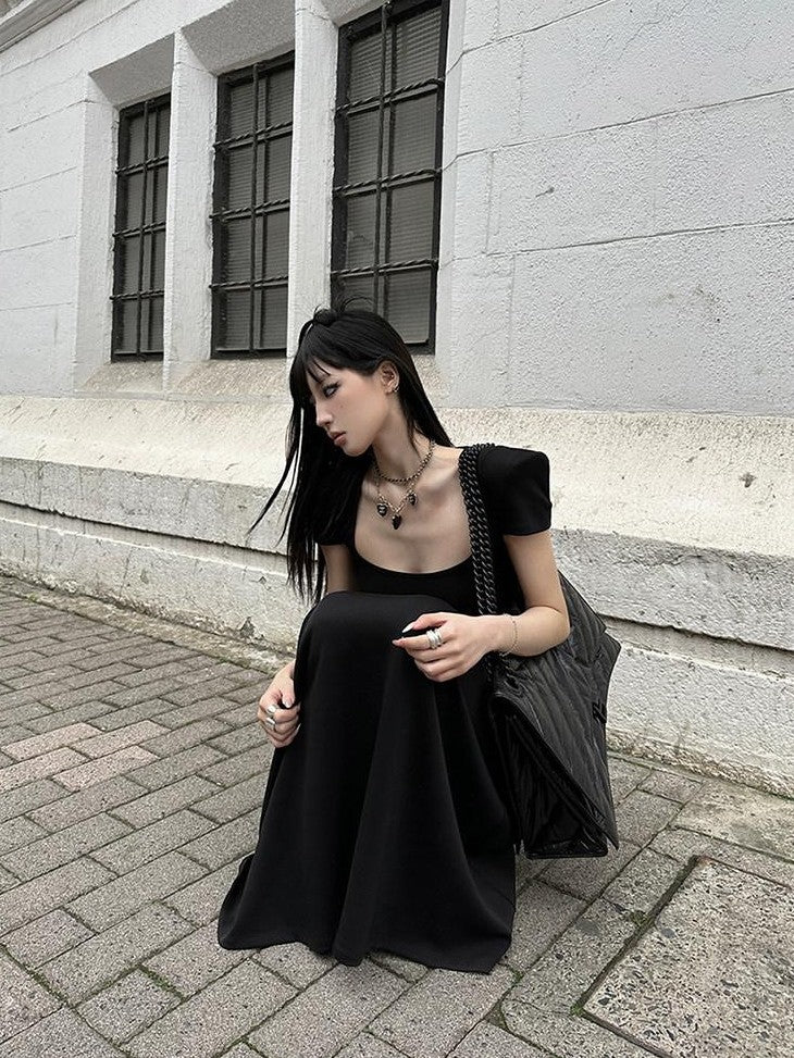 Fanptntox Square Neck Padded Shoulder Short Sleeve Aline Women's Other Casual Maxi Dresses