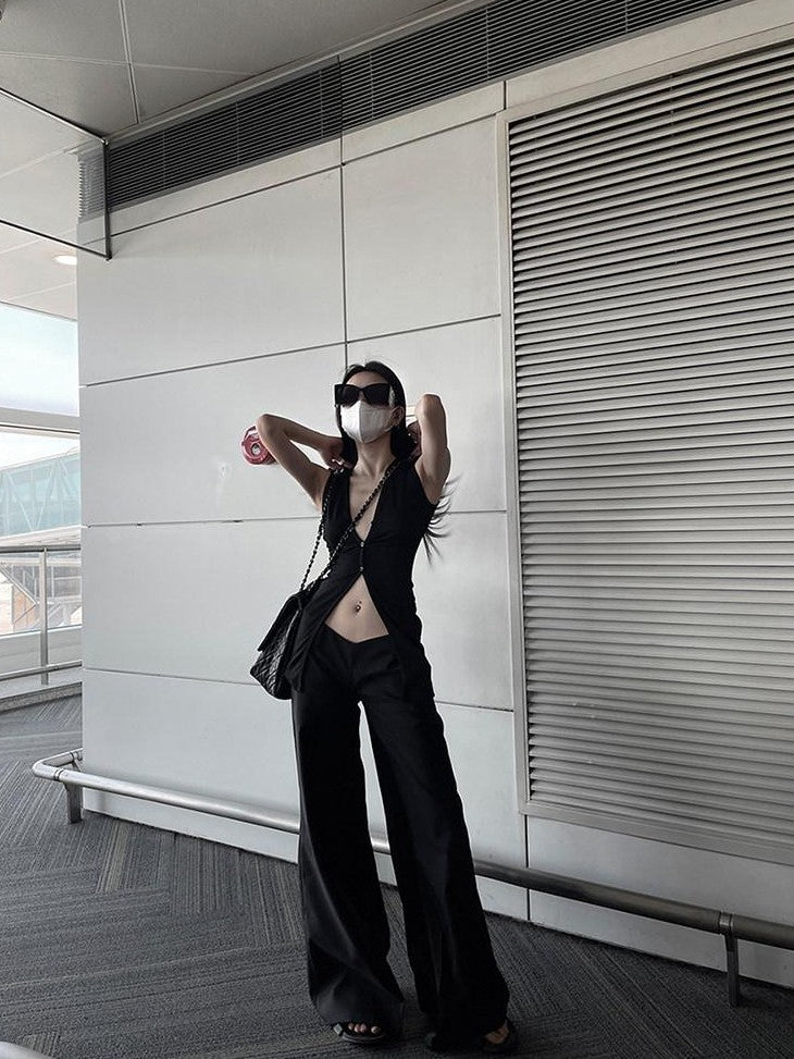 Fanptntox Streetwear Low V Waist Straight Loose Women's Polyester Blend Wide-leg Pants